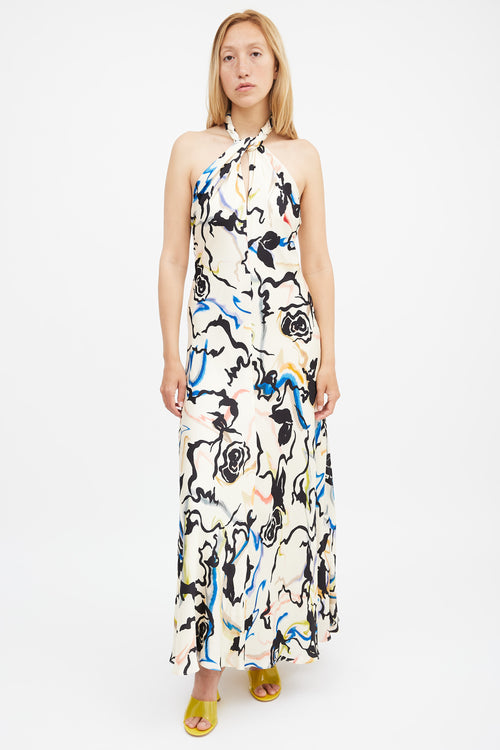 Tanya Taylor Cream & Multi Printed Maya Open Back Dress