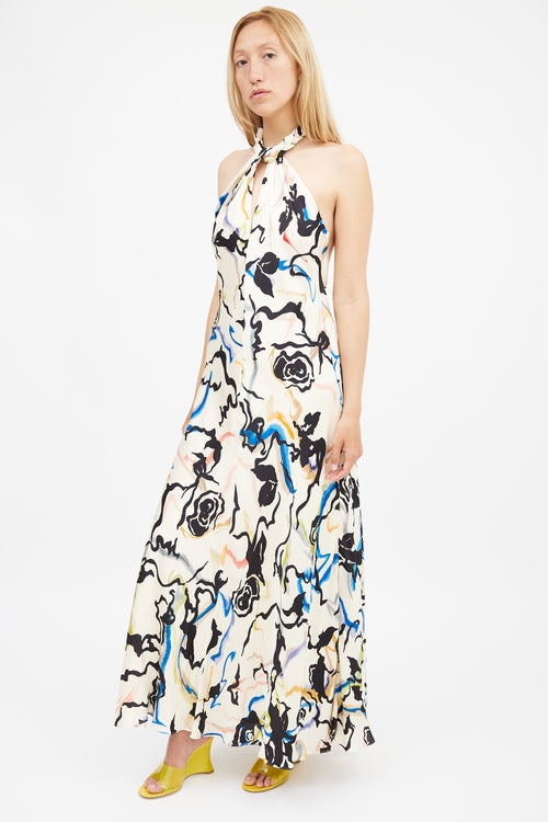Tanya Taylor Cream & Multi Printed Maya Open Back Dress