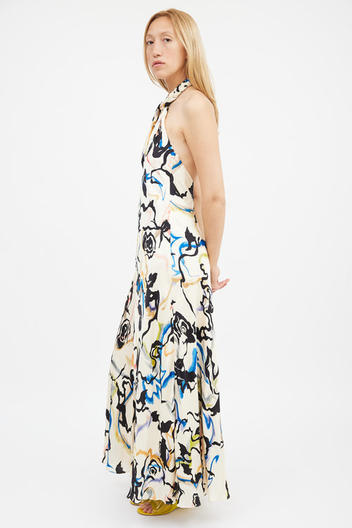 Tanya Taylor Cream & Multi Printed Maya Open Back Dress