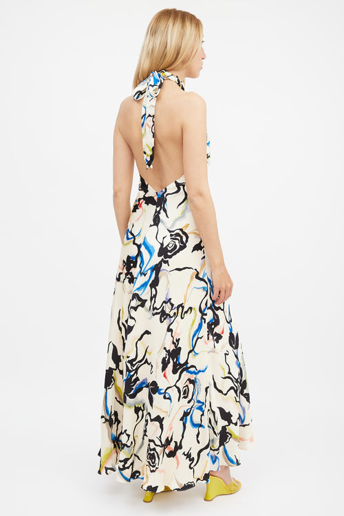 Tanya Taylor Cream & Multi Printed Maya Open Back Dress