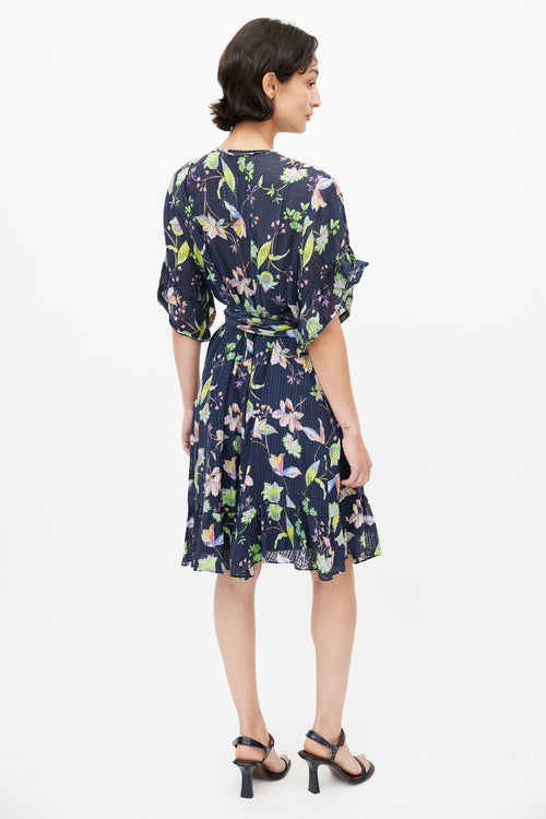 Tanya Taylor Navy & Multicolour Silk Floral Wrap Dress