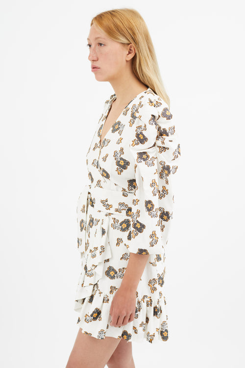Tanya Taylor White & Black Floral Wrap Dress