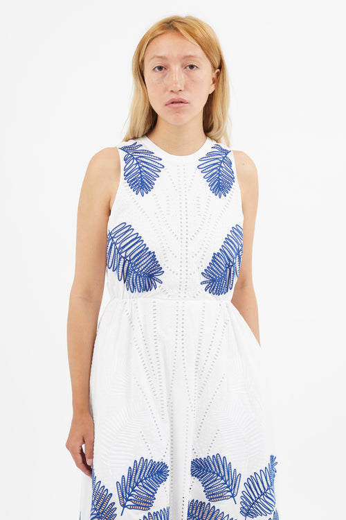 Tanya Taylor White & Blue Eyelet Lace Dress