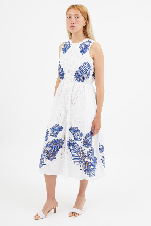 Tanya Taylor White & Blue Eyelet Lace Dress