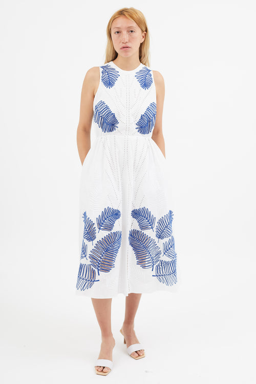 Tanya Taylor White & Blue Eyelet Lace Dress