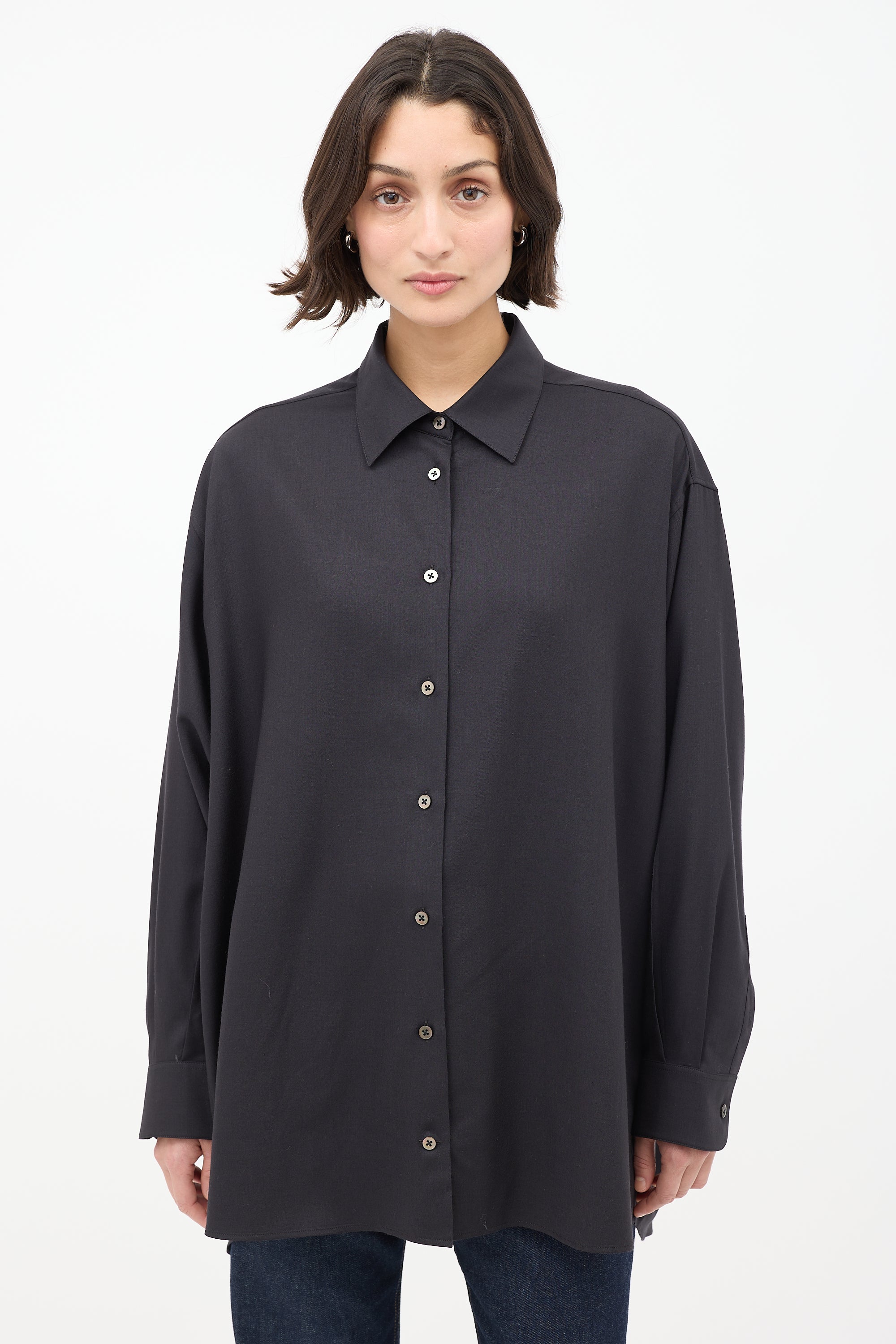 The Row Black Cashmere Long Button Up Shirt