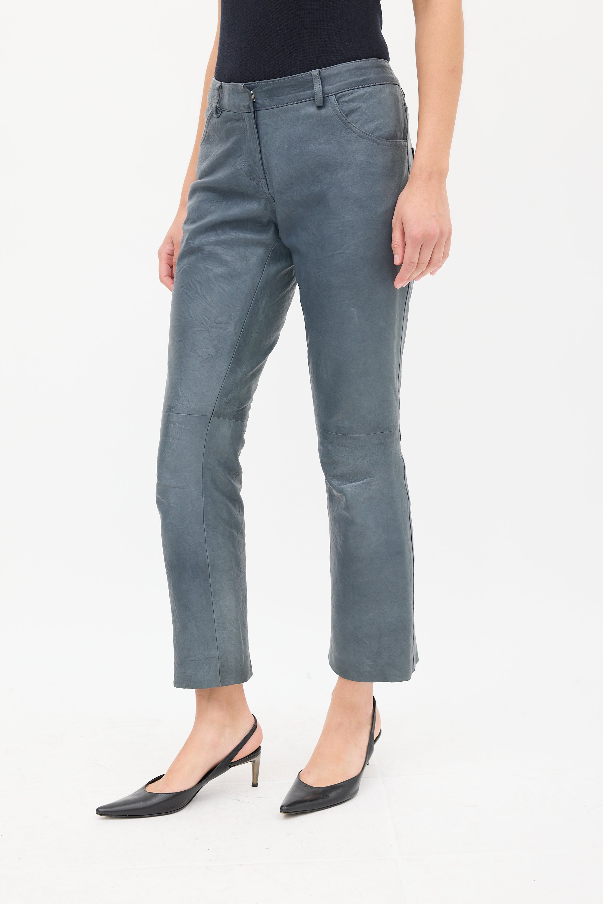 The Row Slate Grey Leather Straight Leg Trouser