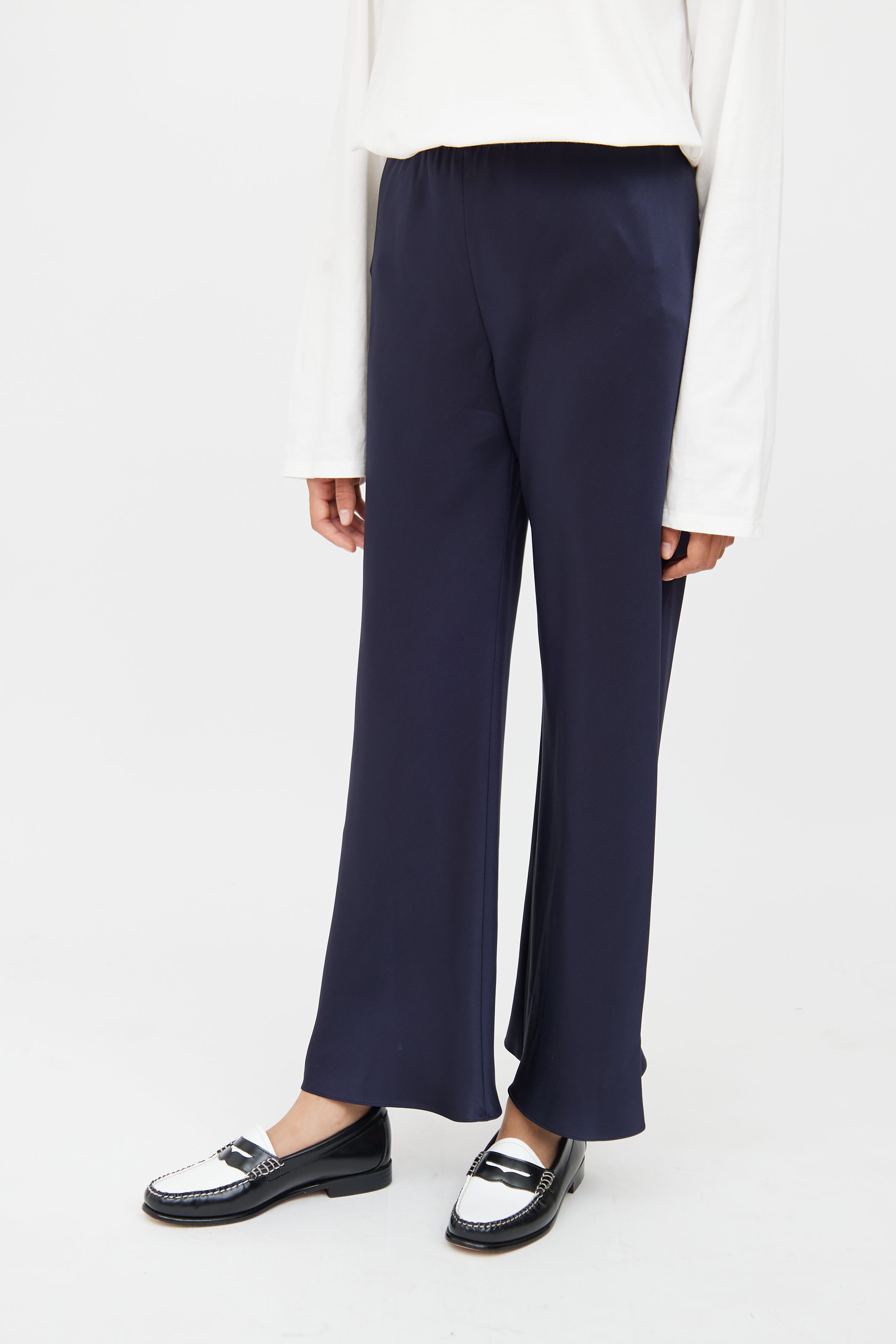 The Row Navy Silk Wideleg Pant