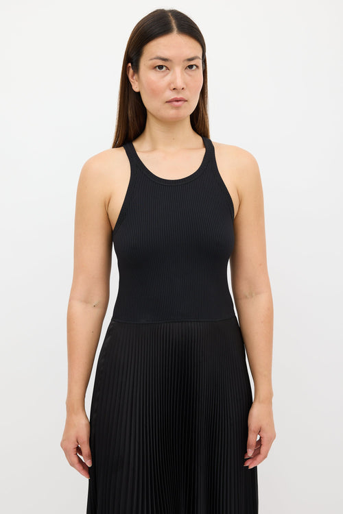 Theory Black Ribbed Knit & Pleated Dress