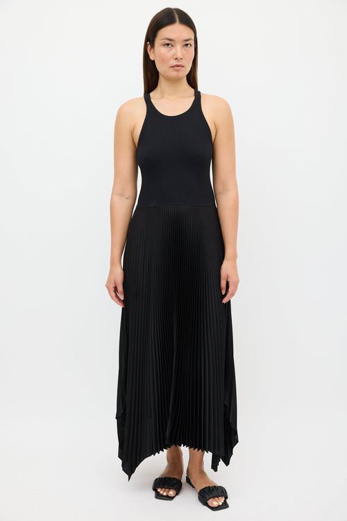 Theory Black Ribbed Knit & Pleated Dress