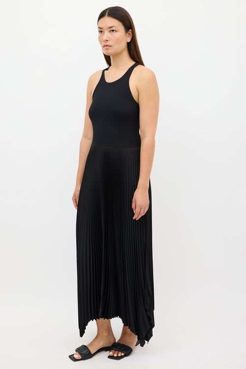 Theory Black Ribbed Knit & Pleated Dress