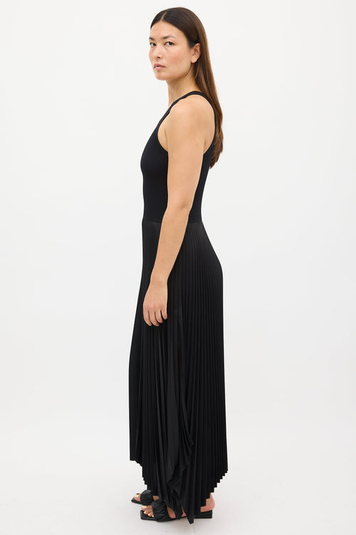 Theory Black Ribbed Knit & Pleated Dress