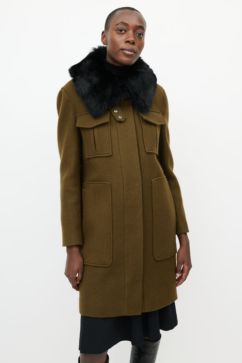 Theory Khaki Green & Black Fur Collar Coat