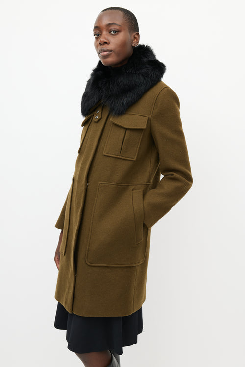 Theory Khaki Green & Black Fur Collar Coat