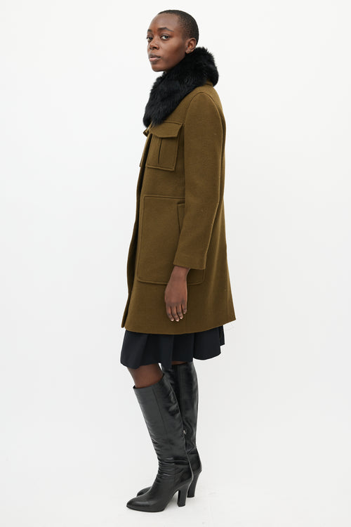 Theory Khaki Green & Black Fur Collar Coat