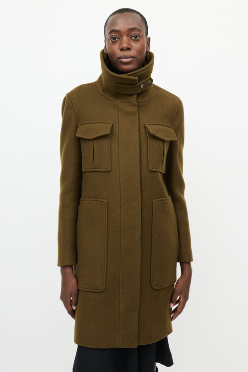Theory Khaki Green & Black Fur Collar Coat