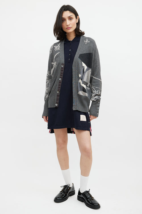 Thom Browne Grey & Cream Cashmere Floral Cardigan