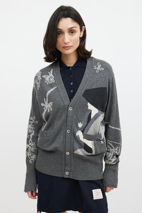 Thom Browne Grey & Cream Cashmere Floral Cardigan