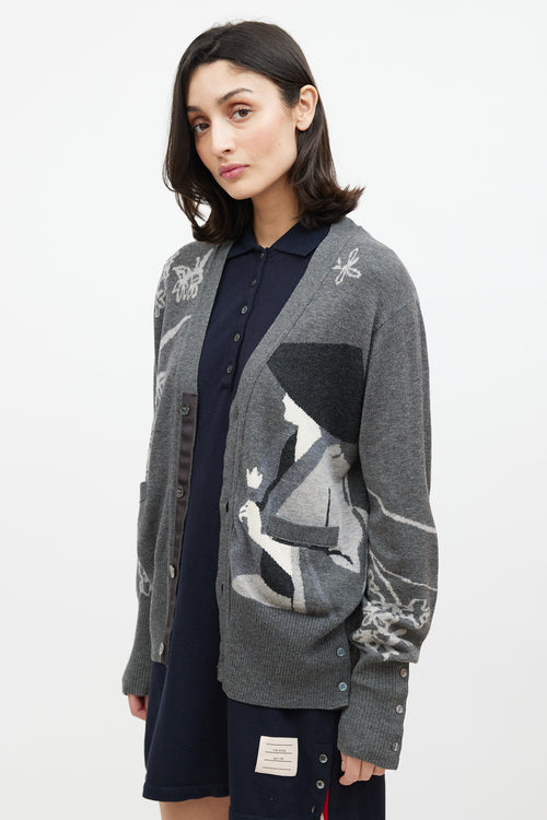 Thom Browne Grey & Cream Cashmere Floral Cardigan