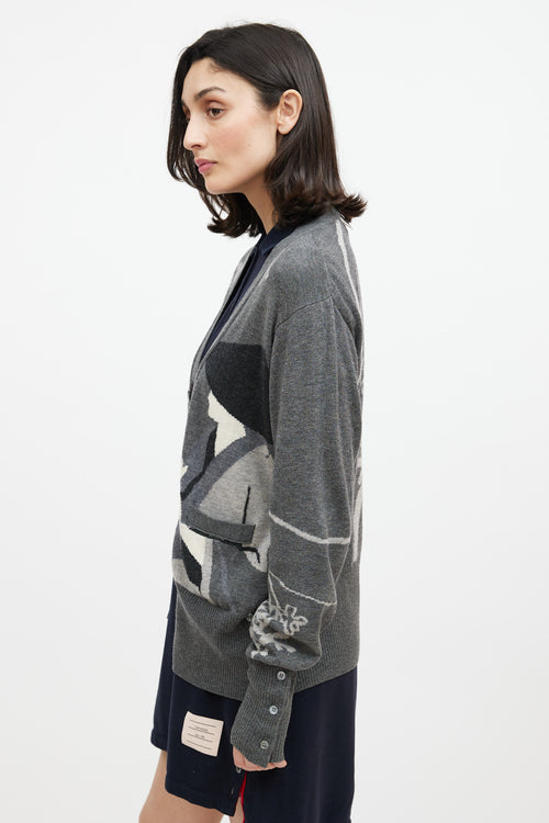 Thom Browne Grey & Cream Cashmere Floral Cardigan