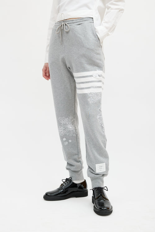 Thom Browne Grey & White Floral Embroidered Jogger