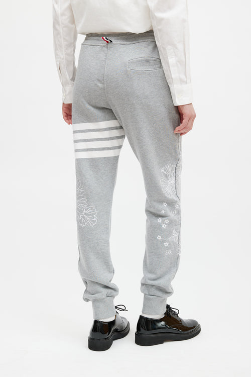 Thom Browne Grey & White Floral Embroidered Jogger