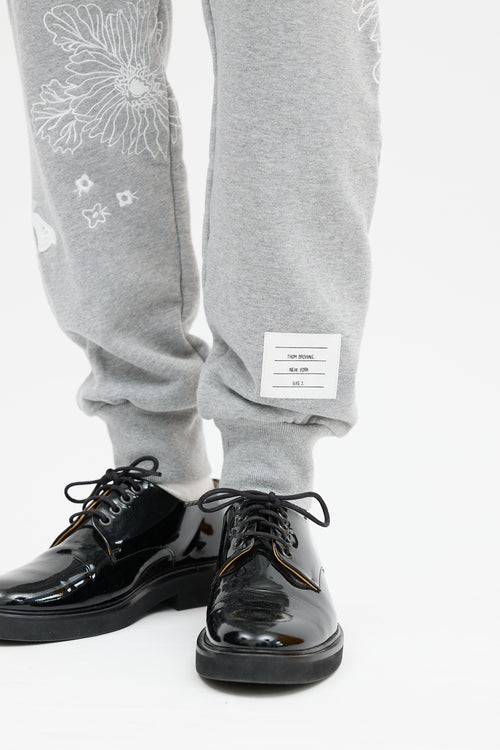 Thom Browne Grey & White Floral Embroidered Jogger