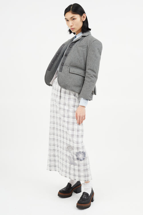 Thom Browne Grey & White Plaid & Floral Midi Skirt