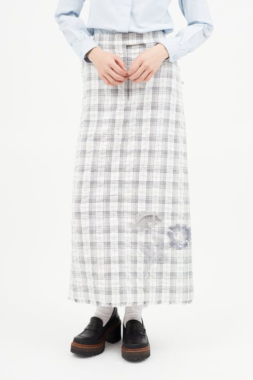 Thom Browne Grey & White Plaid & Floral Midi Skirt