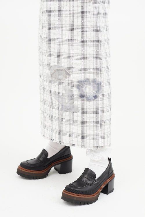 Thom Browne Grey & White Plaid & Floral Midi Skirt