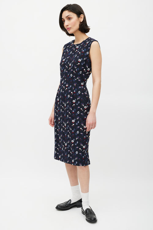 Thom Browne Navy & Multicolour Floral Embroidered Sheath Dress