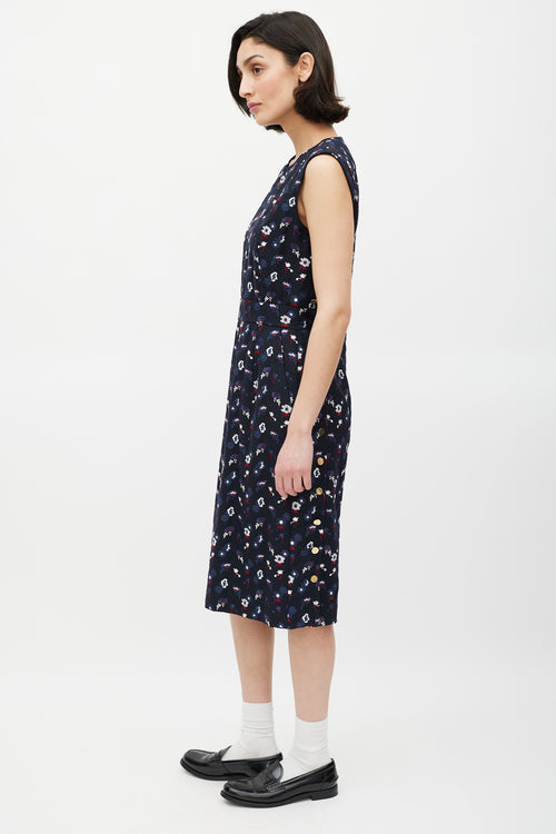 Thom Browne Navy & Multicolour Floral Embroidered Sheath Dress