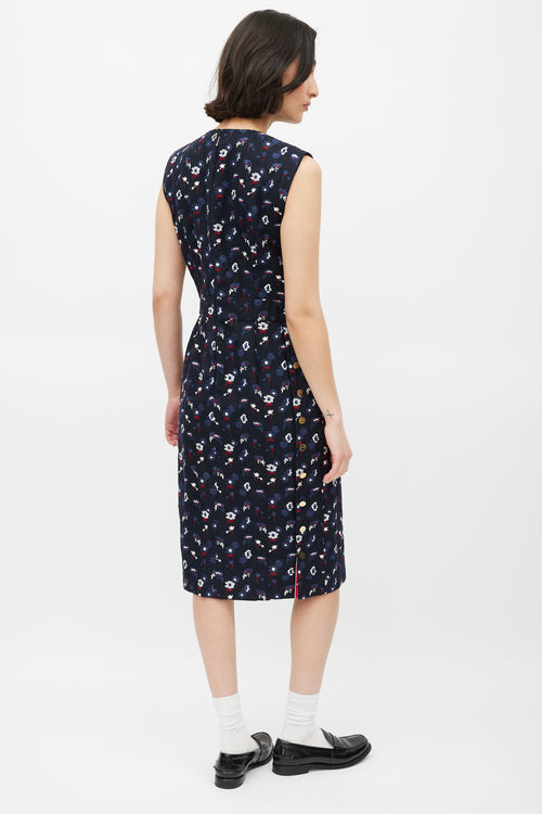 Thom Browne Navy & Multicolour Floral Embroidered Sheath Dress