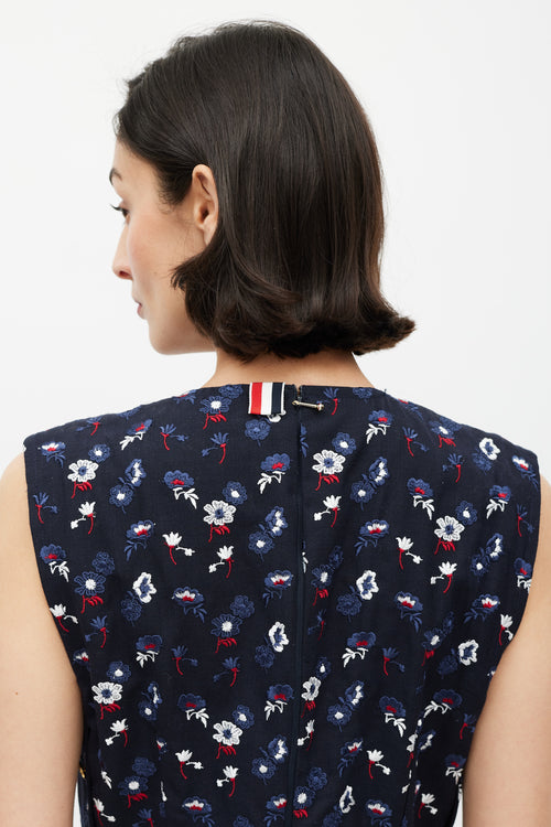 Thom Browne Navy & Multicolour Floral Embroidered Sheath Dress