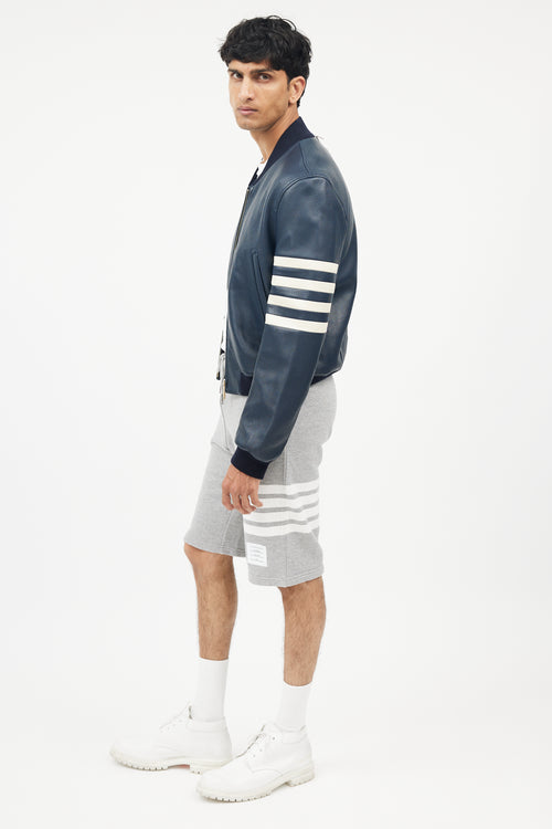 Navy & White Leather Bomber Jacket