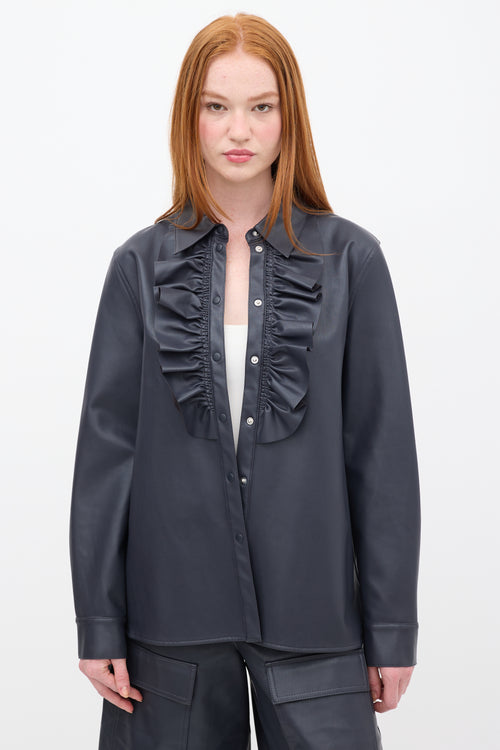 Tibi Navy Faux Leather Ruffle Shirt & Shorts Set