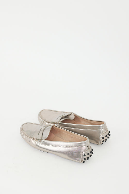 Tod's Silver Textured Metallic Leather Penny Loafer
