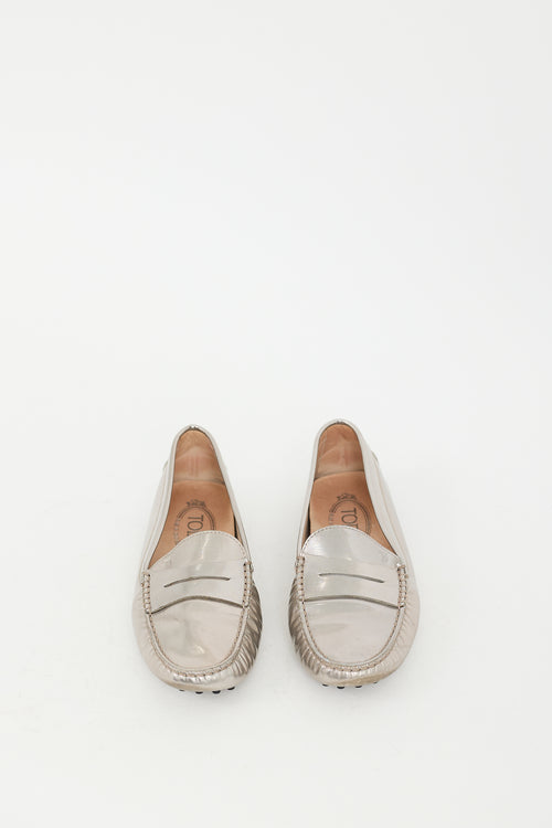 Tod's Silver Textured Metallic Leather Penny Loafer