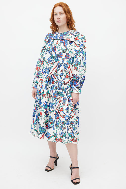 Tory Burch White & Multicolour Quilted Floral Belted Dress