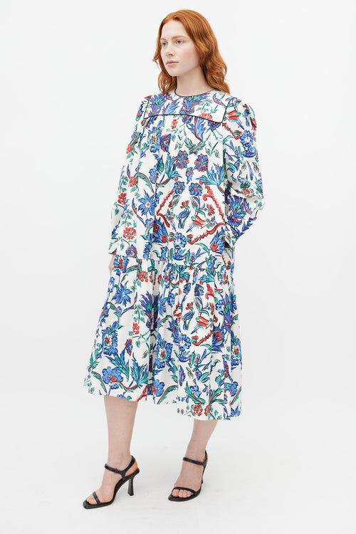 Tory Burch White & Multicolour Quilted Floral Belted Dress