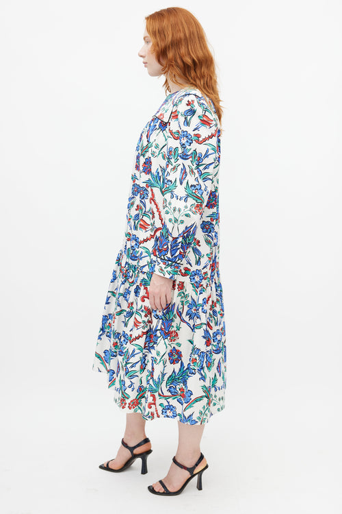 Tory Burch White & Multicolour Quilted Floral Belted Dress
