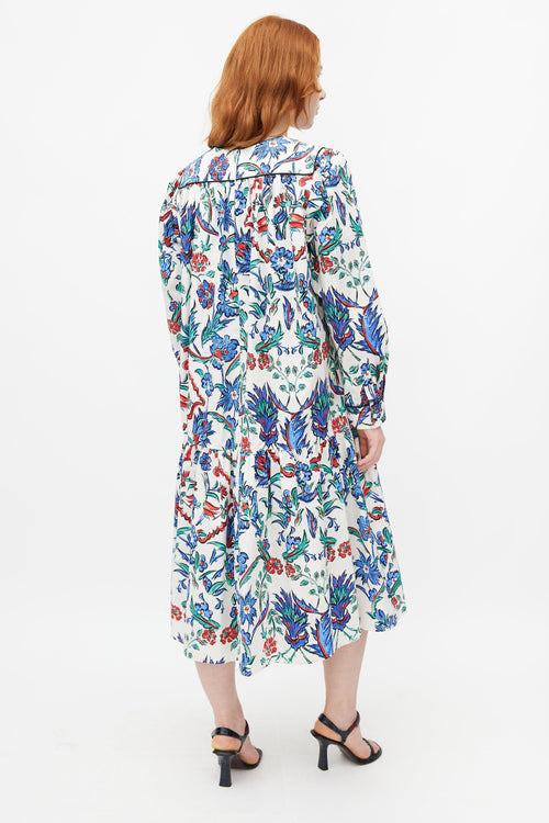 Tory Burch White & Multicolour Quilted Floral Belted Dress
