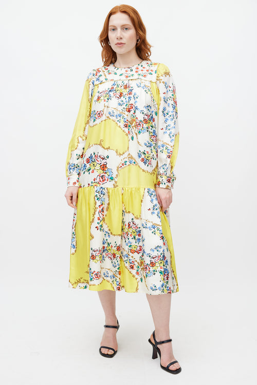 Tory Burch Yellow & Multicolour Floral Silk Dress