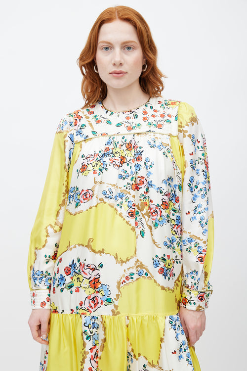 Tory Burch Yellow & Multicolour Floral Silk Dress