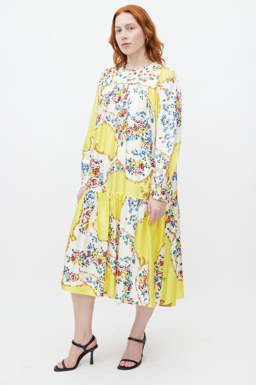 Tory Burch Yellow & Multicolour Floral Silk Dress