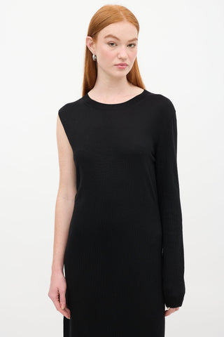 Toteme Black Wool Knitted Merino Asymmetric Wrap  Dress