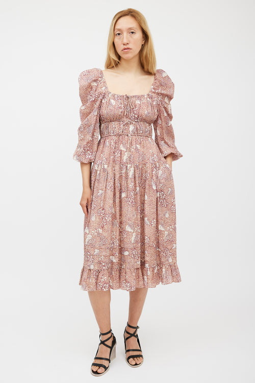 Ulla Johnson Beige & Burgundy Floral Tiered Dress
