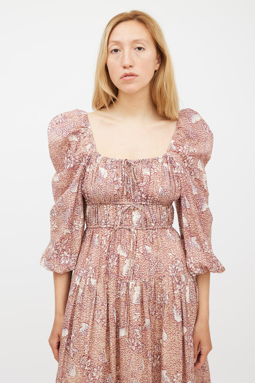 Ulla Johnson Beige & Burgundy Floral Tiered Dress