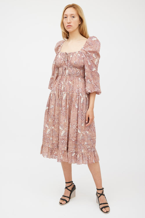 Ulla Johnson Beige & Burgundy Floral Tiered Dress