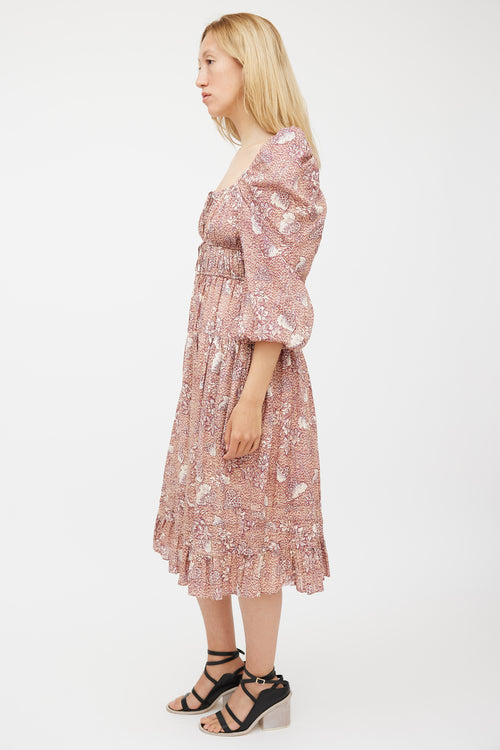Ulla Johnson Beige & Burgundy Floral Tiered Dress